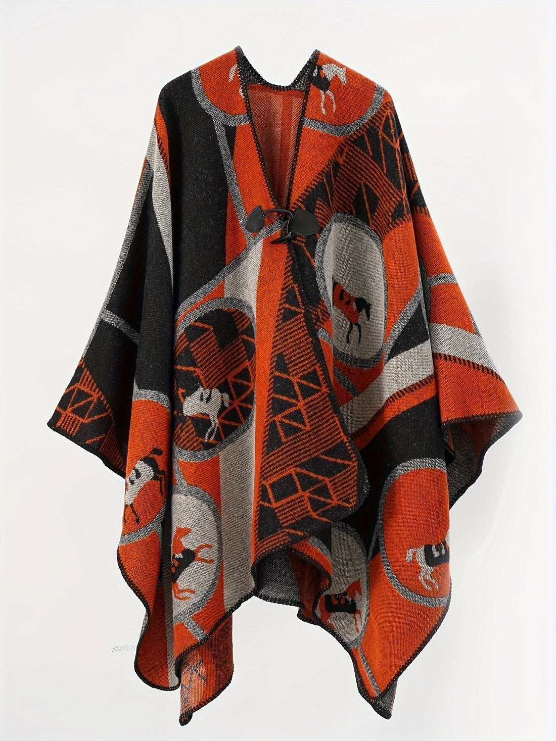 Damen Wollmix-Jacquard-Ruana mit Pferdemotiv, Knebelverschluss und offener Kimono-Silhouette – Montévia