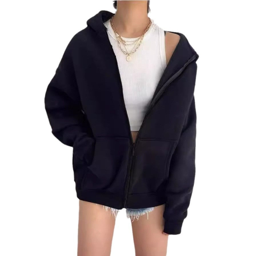 Damen nan minimalistisches French-Terry Zip-Hoodie mit durchgehendem Reißverschluss, Kängurutasche und Daumenloch-Ärmeln Echo Archiv