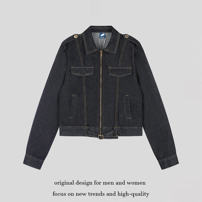 Damen Kurz geschnittene Jeansjacke mit Schulterklappen, Reißverschluss und Taillengürtel Echoarchiv