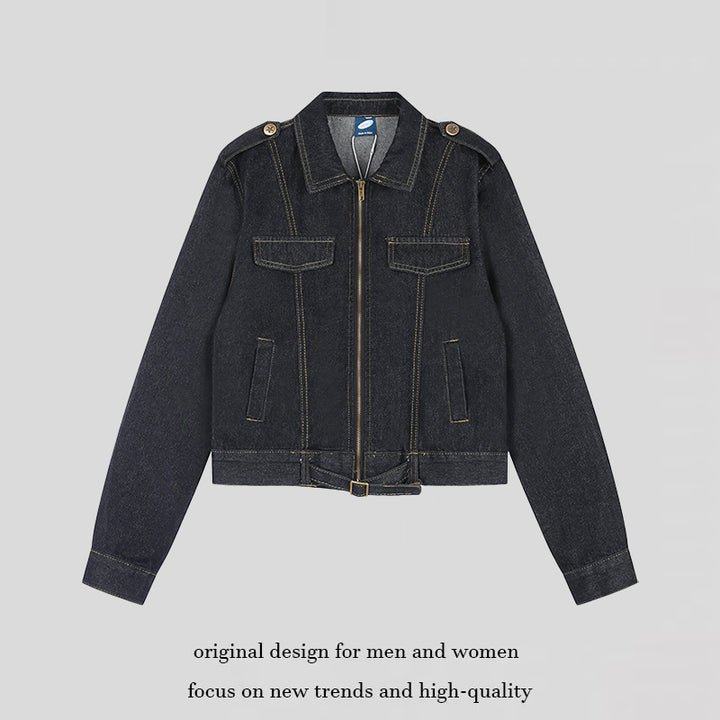 Damen Kurz geschnittene Jeansjacke mit Schulterklappen, Reißverschluss und Taillengürtel Echoarchiv