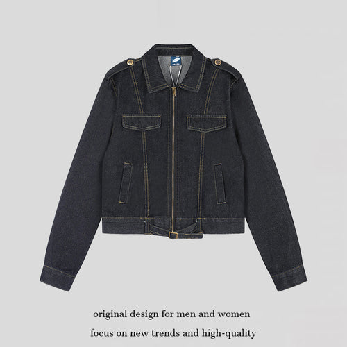 Damen Kurz geschnittene Jeansjacke mit Schulterklappen, Reißverschluss und Taillengürtel Echoarchiv