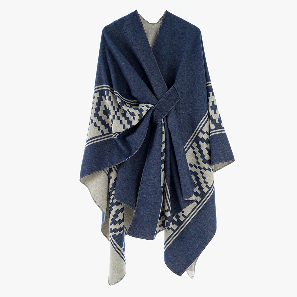 Damen Jacquard‑Ruana mit Bindegürtel und geometrischem Muster – Avérine