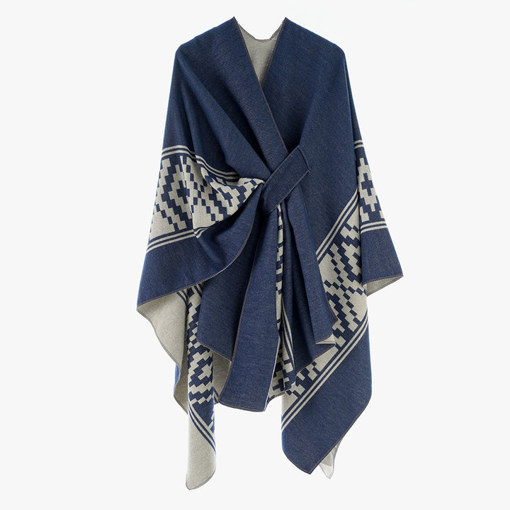 Damen Jacquard‑Ruana mit Bindegürtel und geometrischem Muster – Avérine