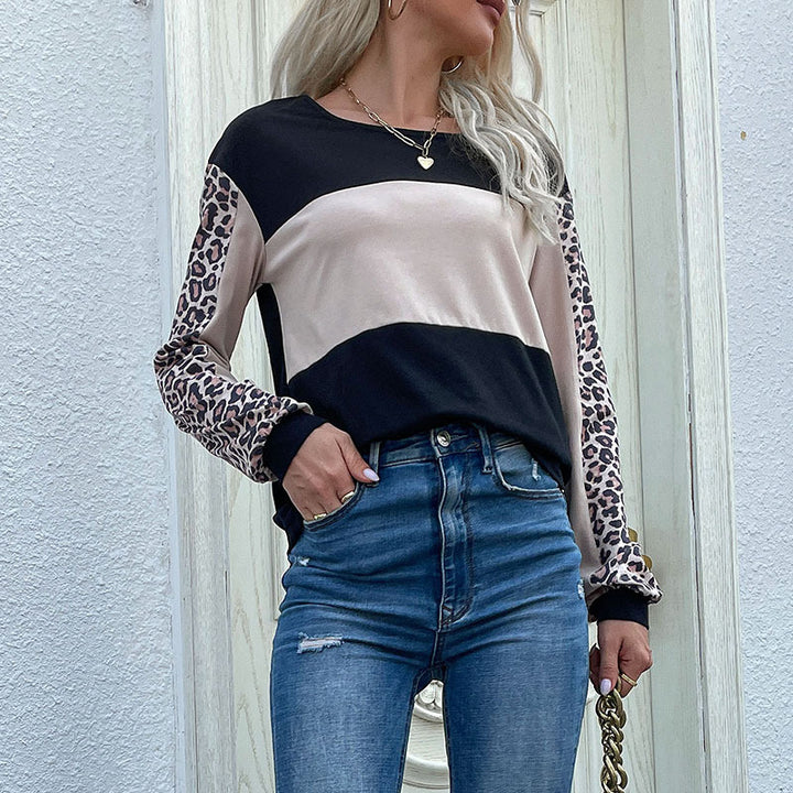 Damen Colorblock-Sweatshirt mit Leopardenärmeln und Rundhalsausschnitt – Mavelle
