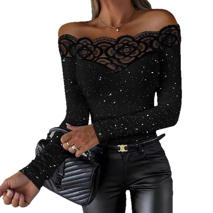 Damen Oberteil mit transparentem Spitzenbesatz und modischem Galaxie-Design Echoarchiv