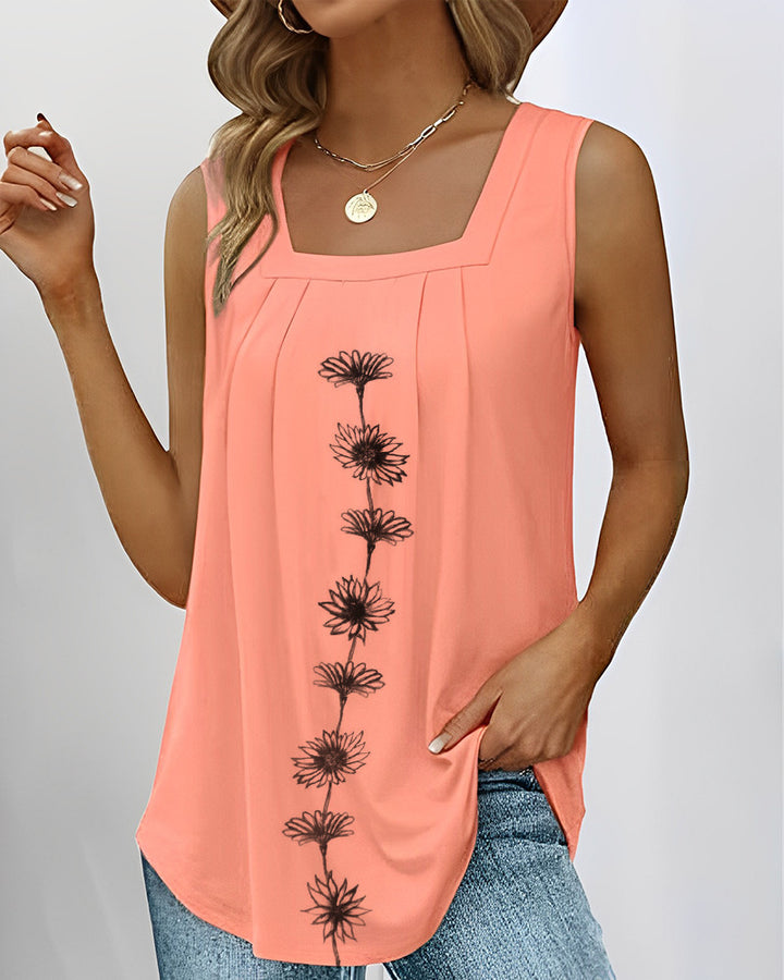 Damen nan ärmelloses Longtop mit quadratischem Ausschnitt, Faltenpassé und mittigem Blumenprint Echo Archiv