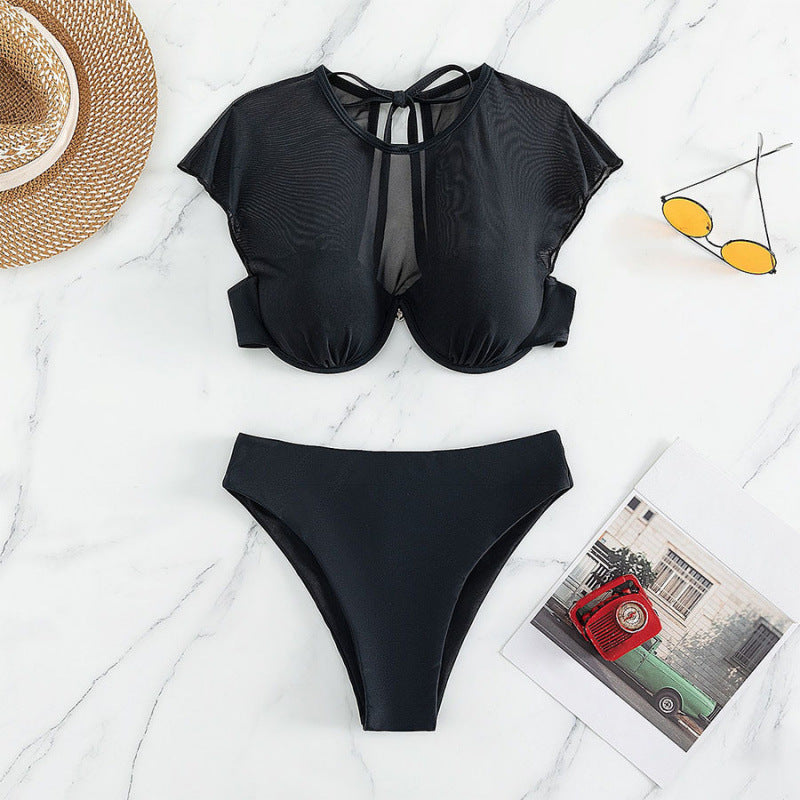 Damen Sport-Bikini-Oberteil mit transparenten Ärmeln und hochgeschnittenem Unterteil Echo Archiv