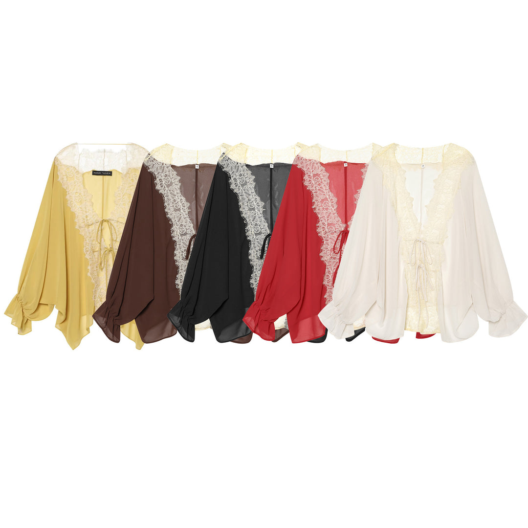 Damen Chiffonbluse mit tiefem V-Spitzeinsatz, lockeren Trompetenärmeln und Bindebändern – Élovi