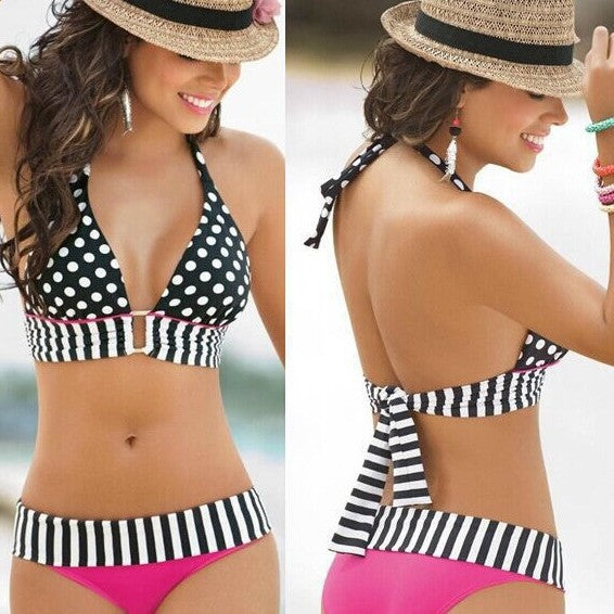 Damen Triangel-Bikini mit kontrastierenden Streifen und Punkten Echo Archiv