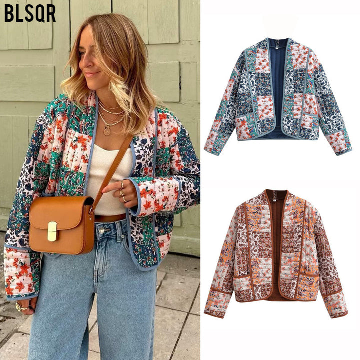 Damen Gesteppte Patchwork‑Steppjacke mit Blumenprint, offener Kimono‑Silhouette und aufgesetzten Taschen Echo Archiv