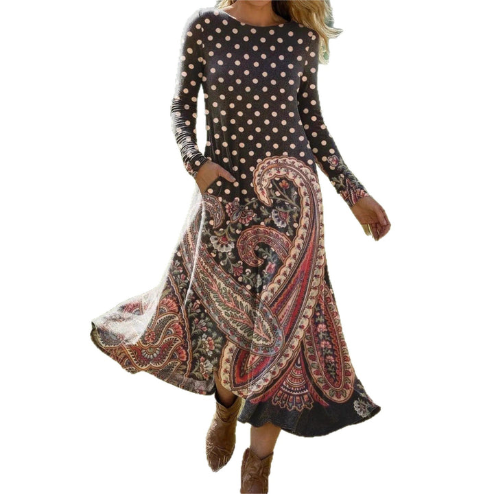 Damen Maxikleid mit Paisley‑ und Polka‑Dot‑Print, langärmeliges A‑Linien‑Jerseykleid – Valéora