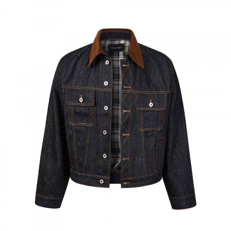 Herren Boxy Denim-Jacke mit Cordkragen und kariertem Futter Echo Archiv