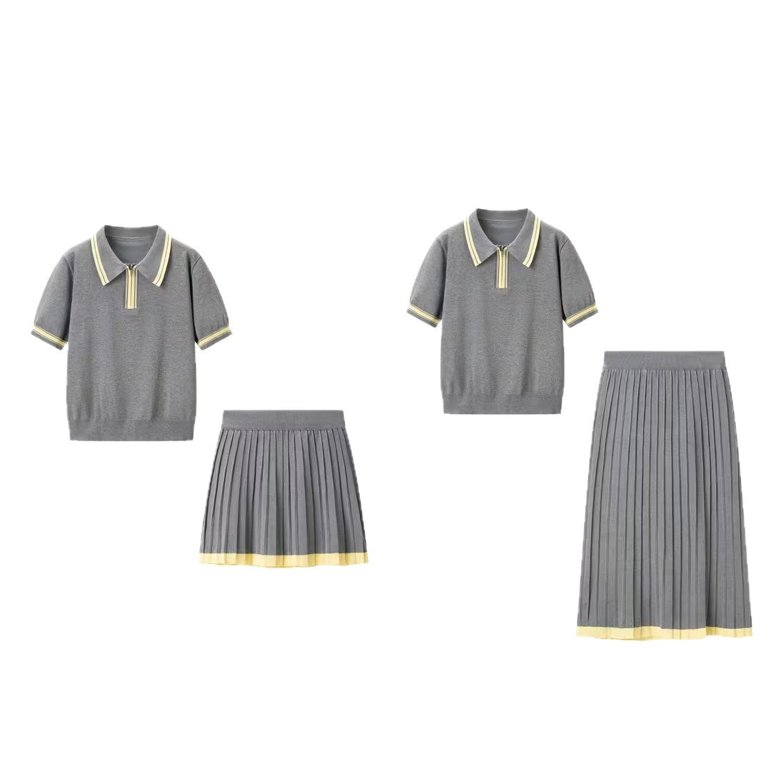Damen Zweiteiliges Strick-Set mit Poloshirt und plissiertem Midirock Echo Archiv