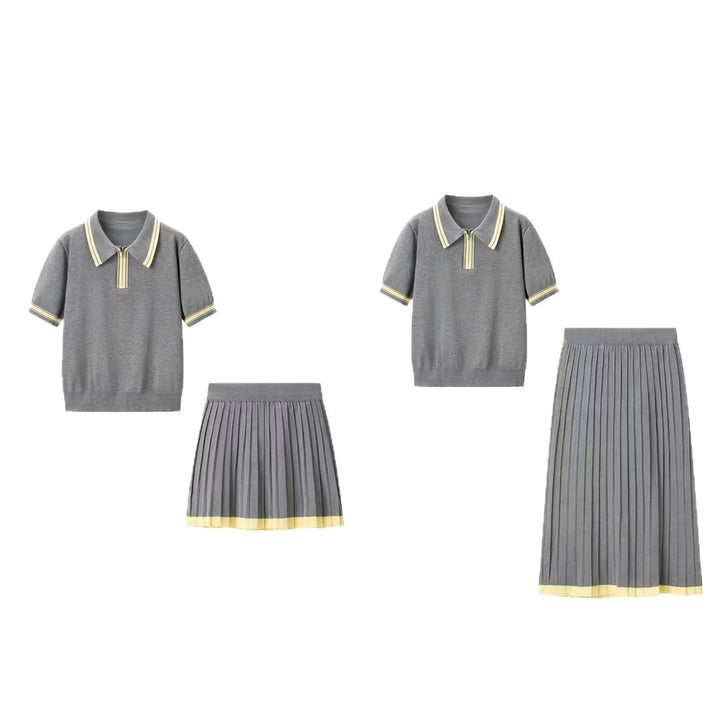 Damen Zweiteiliges Strick-Set mit Poloshirt und plissiertem Midirock Echo Archiv