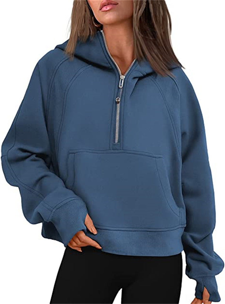 Damen Oversize-Hoodie mit halbem Reißverschluss, Kängurutasche und Daumenlöchern – Auréline