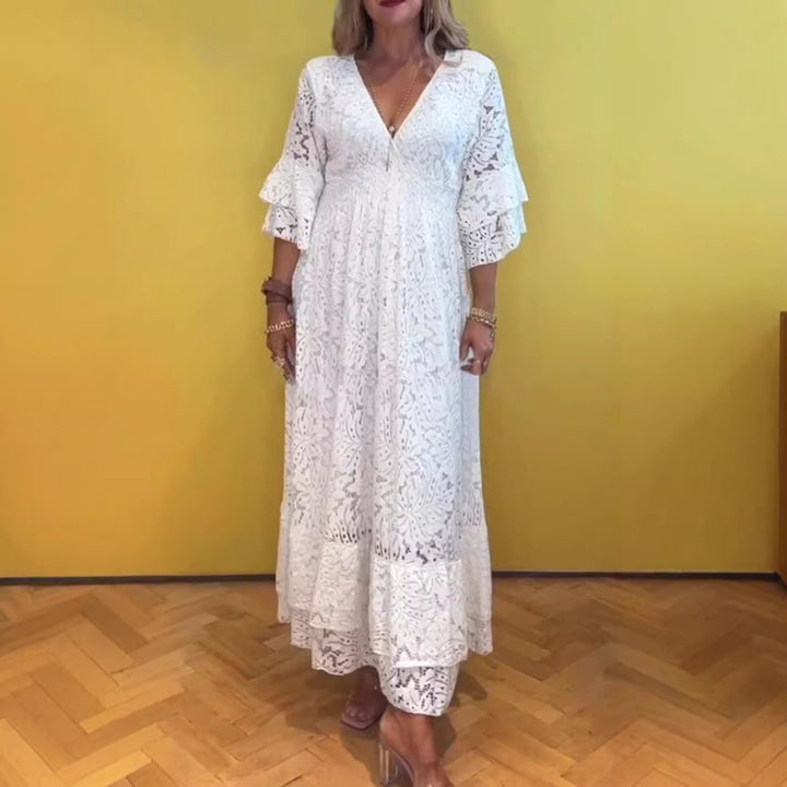 Damen nan Boho-Spitzen-Maxikleid mit V-Ausschnitt, Unterbrustnaht und gestuften Volantärmeln Echo Archiv