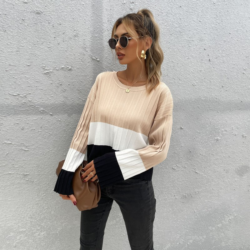 Damen Gerippter Colorblock-Pullover mit weitem Ärmelbündchen Echoarchiv