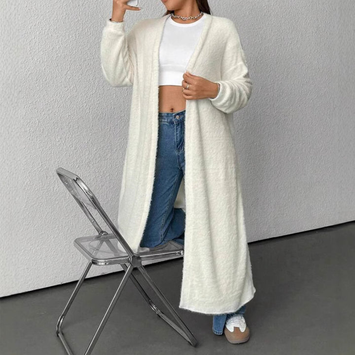 Damen Langer Wickel-Cardigan in Flausch-Optik mit Bindegürtel – Veloura