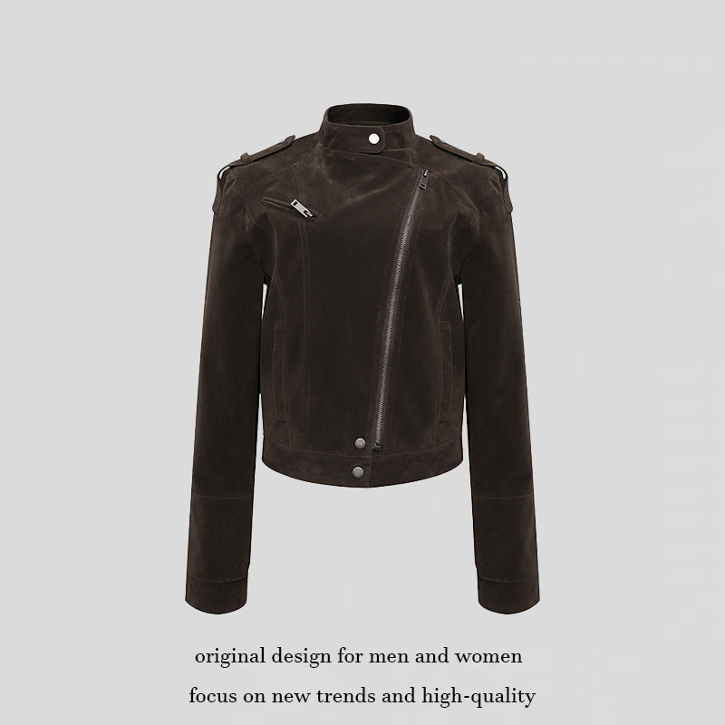 Damen Kurze Veloursleder-Bikerjacke mit asymmetrischem Reißverschluss und Stehkragen Echoarchiv