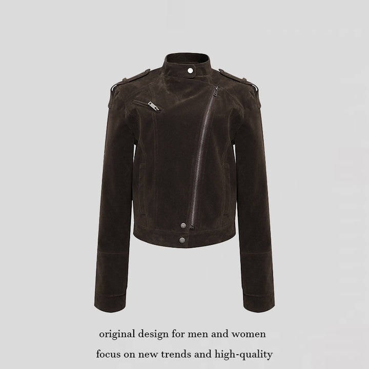 Damen Kurze Veloursleder-Bikerjacke mit asymmetrischem Reißverschluss und Stehkragen Echoarchiv