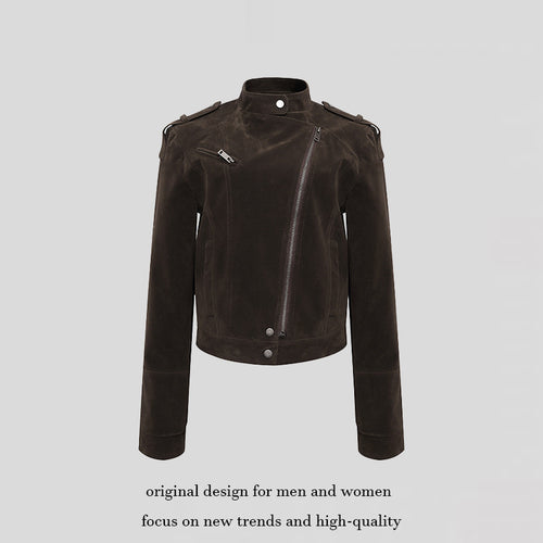 Damen Kurze Veloursleder-Bikerjacke mit asymmetrischem Reißverschluss und Stehkragen Echoarchiv