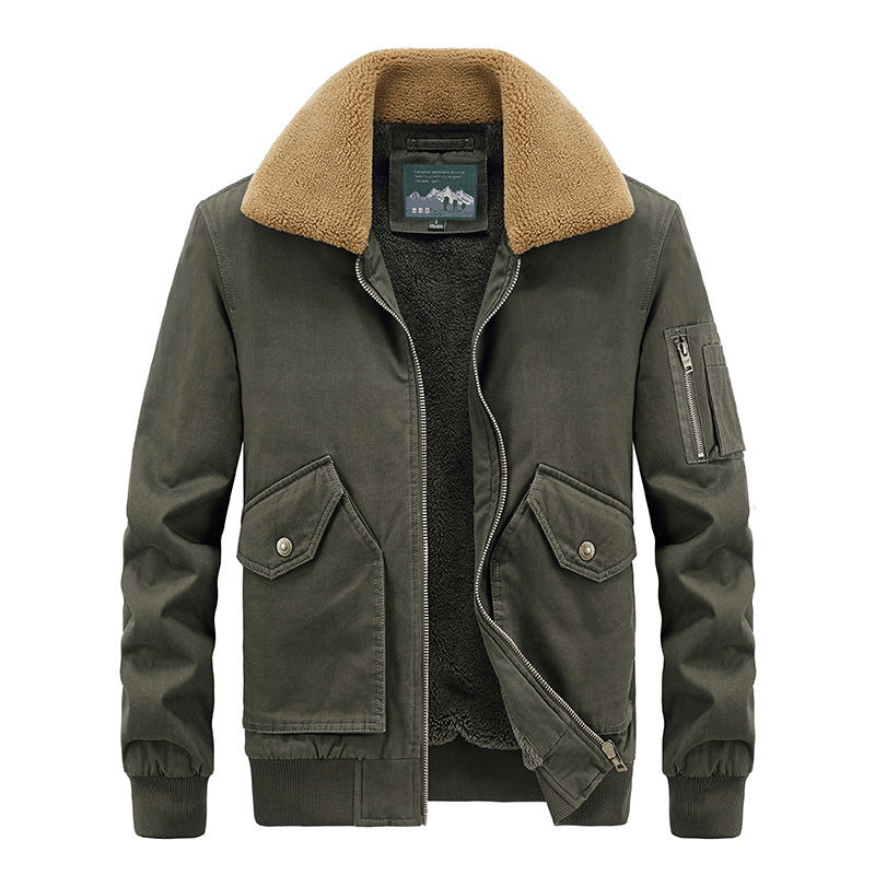Herren Aviator-Bomberjacke aus Canvas mit Sherpa-Kragen, Teddyfutter und Multifunktionstaschen – Brevano
