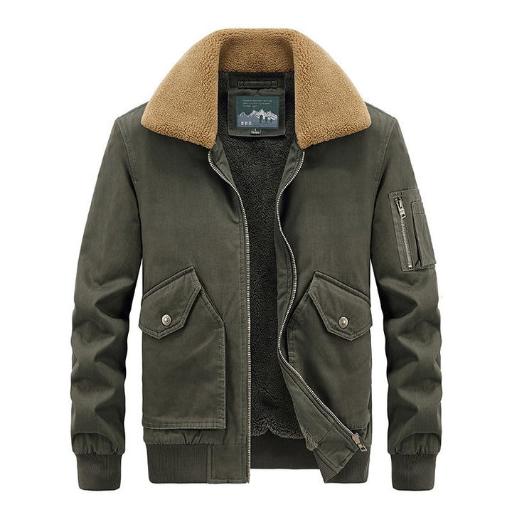 Herren Aviator-Bomberjacke aus Canvas mit Sherpa-Kragen, Teddyfutter und Multifunktionstaschen – Brevano