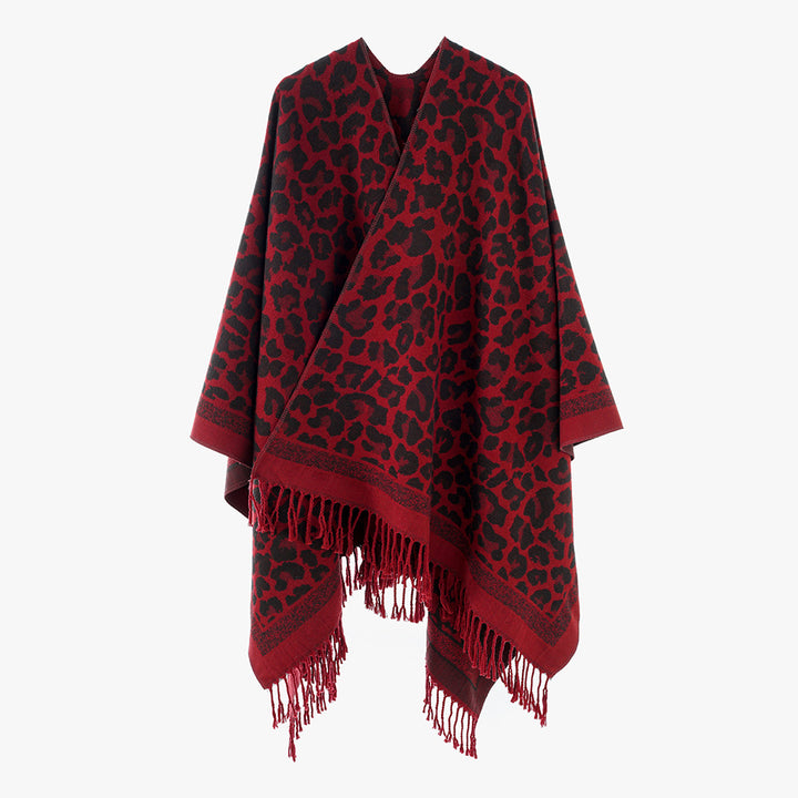 Damen Eleganter Jacquard-Überwurf mit Leopardenjacquard und Fransen Echo Archiv