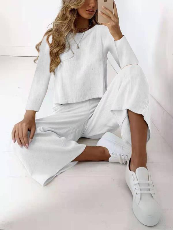 Damen Lässiges Leinenoptik-Zweiteiler Set mit Oversize-Langarmtop und weiter Palazzo-Hose – Élanora