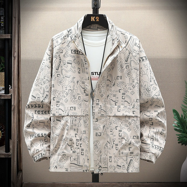 Herren leichte Overshirt-Utility-Jacke mit Allover-Print, Stehkragen & verdecktem Reißverschluss Echoarchiv