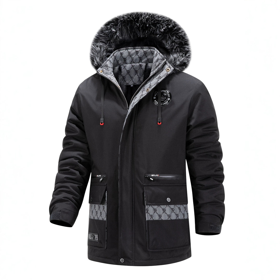 Herren Langer Thermo-Parka mit Kapuze, Logo-Innenfutter und Multifunktions-Taschen Echoarchiv
