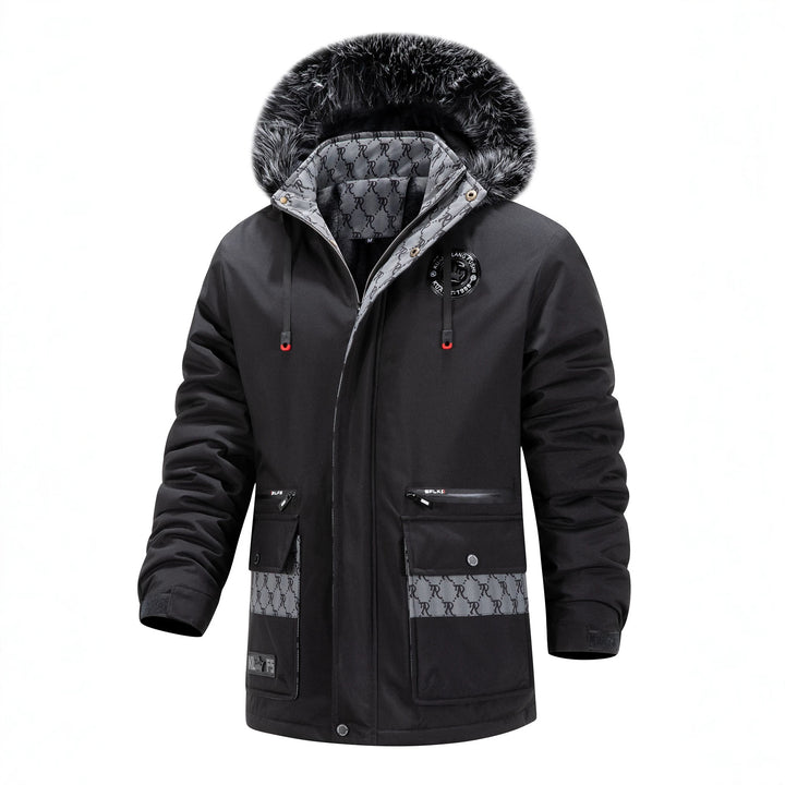 Herren Langer Thermo-Parka mit Kapuze, Logo-Innenfutter und Multifunktions-Taschen Echoarchiv