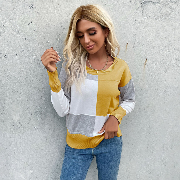 Damen Patchwork-Strickpullover mit kontrastierenden Feldern, Rundhalsausschnitt und gerippten Abschlüssen – Mavelle