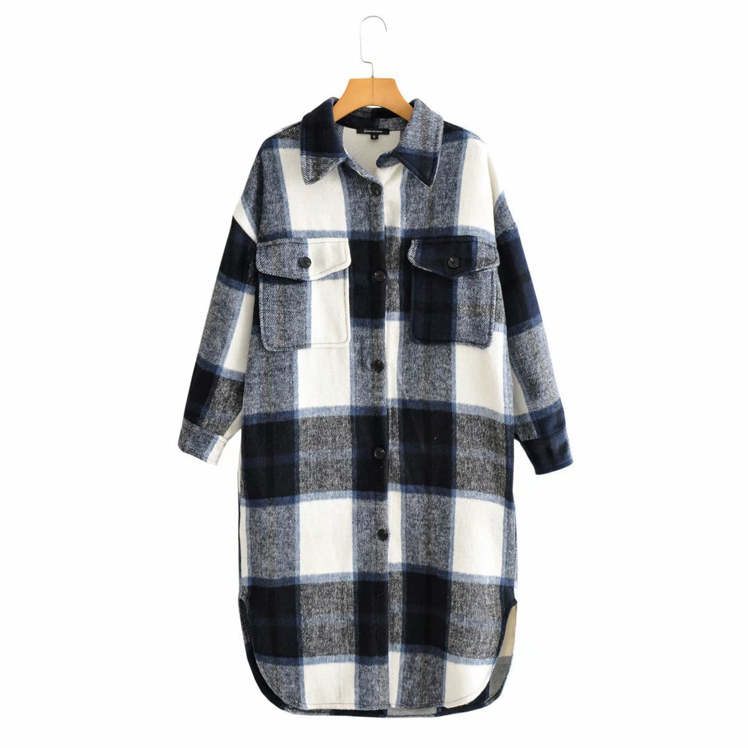 Damen Oversize-kariertes Longline-Überhemd mit Brustklappen Echo Archiv