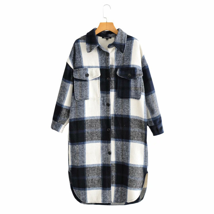 Damen Oversize-kariertes Longline-Überhemd mit Brustklappen Echo Archiv