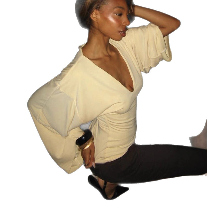 Damen nan tailliertes Langarm-Cropped-Shirt mit V‑Ausschnitt, überschnittener Schulter und soften Jersey-Qualität Echo Archiv