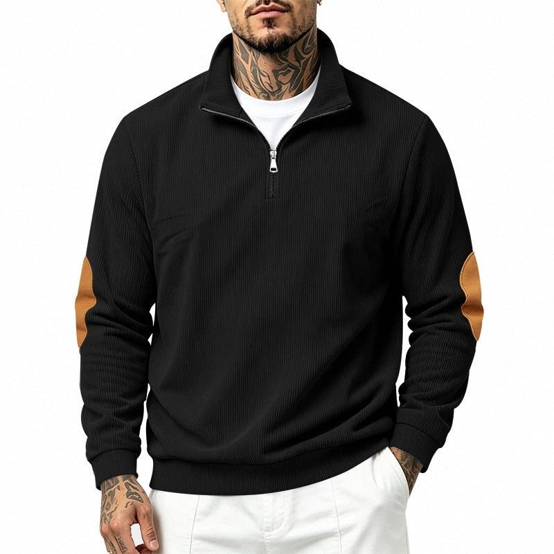 Herren nan Halbzip-Sweatshirt mit Stehkragen, feiner Waffelstruktur und Lederoptik-Ellenbogenpatchs Echo Archiv