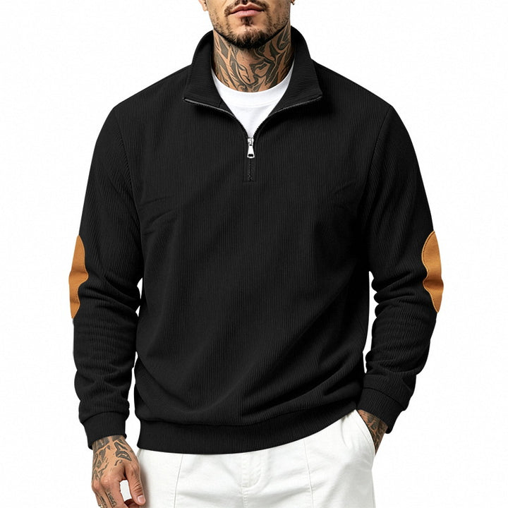 Herren nan Halbzip-Sweatshirt mit Stehkragen, feiner Waffelstruktur und Lederoptik-Ellenbogenpatchs Echo Archiv