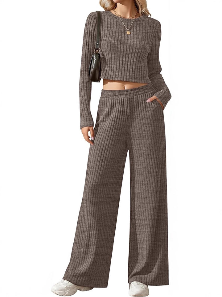 Damen Geripptes Feinstrick-Lounge-Set mit Cropped Langarmtop und High-Waist Palazzohose Echoarchiv