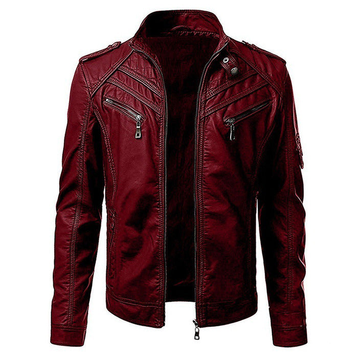 Herren Kunstleder-Bikerjacke mit Stehkragen, Ziernähten und Reißverschlusstaschen Echo Archiv