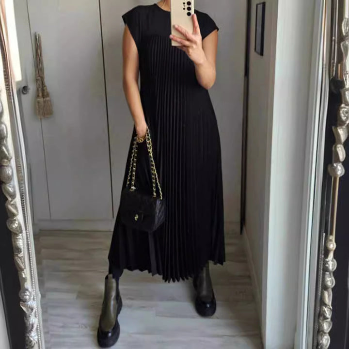 Damen nan fließendes plissiertes Maxikleid mit überschnittenen Schultern und Eingrifftaschen Echo Archiv