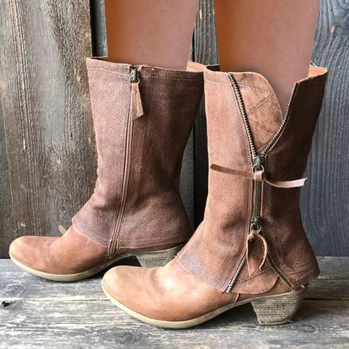 Damen Wadenhohe Western‑Stiefel aus Veloursimitat mit dekorativen Reißverschlüssen und niedrigem Blockabsatz Echo Archiv