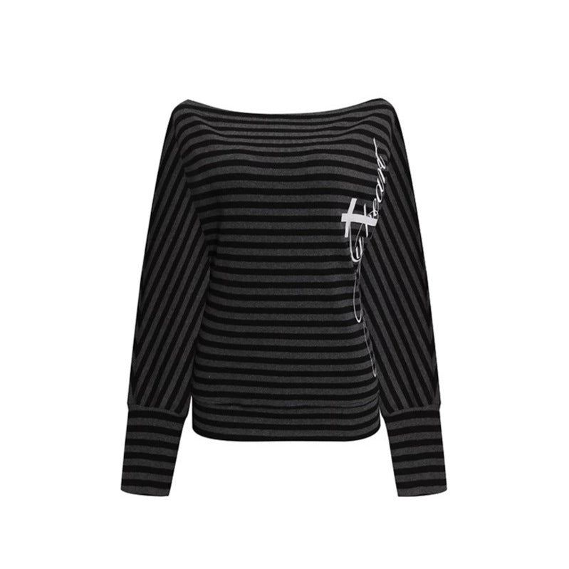 Damen Figurbetontes Streifen-Langarmshirt mit weitem Boot-Ausschnitt und verkürzten Fledermausärmeln Echoarchiv
