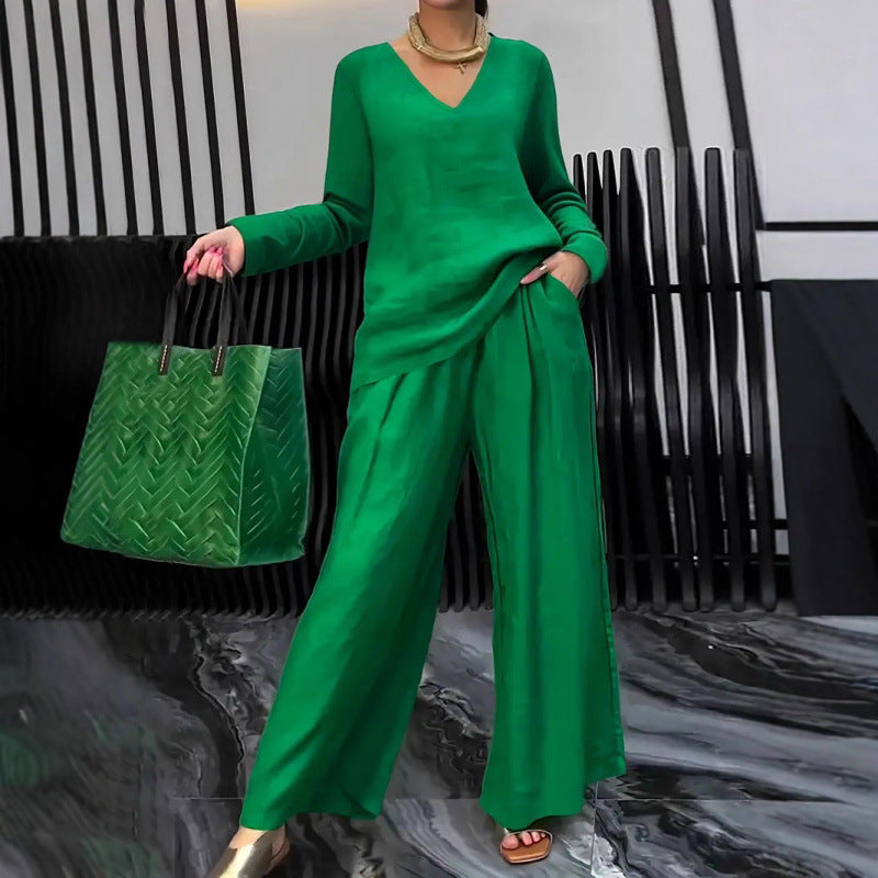 Damen Feiner V-Ausschnitt Strickpullover mit fließender Palazzo-Hose Echo Archiv