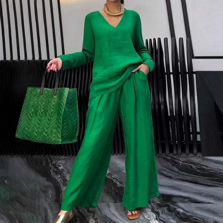 Damen Feiner V-Ausschnitt Strickpullover mit fließender Palazzo-Hose Echo Archiv