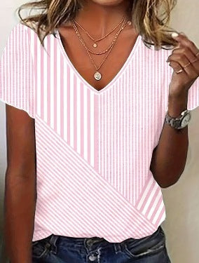 Damen nan gestreifte V-Ausschnitt-Bluse mit asymmetrischem Streifenmix und Kurzarm Echo Archiv