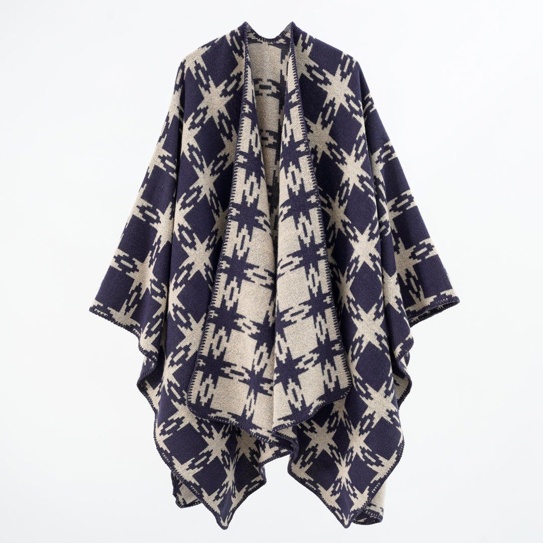 Damen Oversize-Jacquard-Cape mit Sternmotiv und kontrastierter Kettelkante Echo Archiv