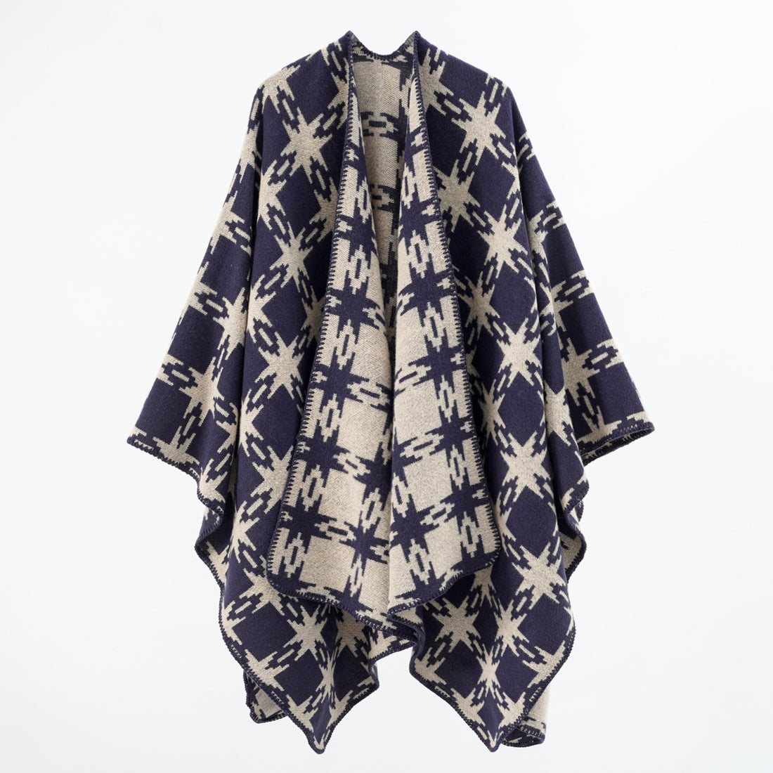 Damen Oversize-Jacquard-Cape mit Sternmotiv und kontrastierter Kettelkante – Célinea