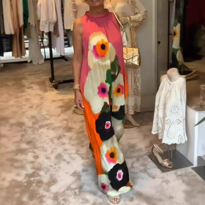 Damen nan ärmelloses Maxikleid mit gerafftem Stehkragen, weitem Palazzoschnitt und großfloralem Druck Echo Archiv