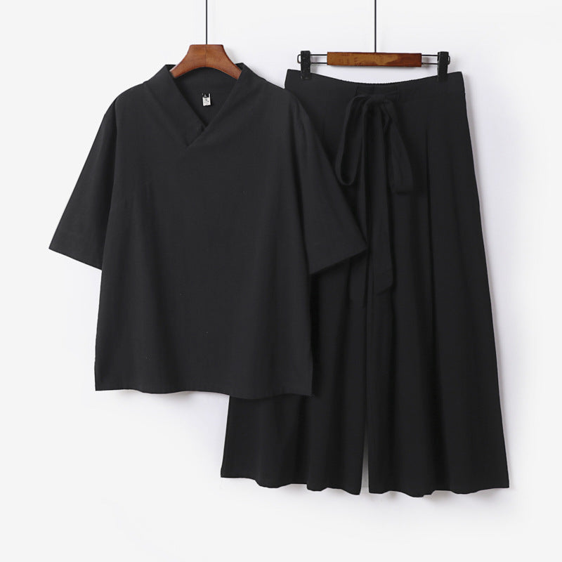 Damen Weites Kimono-Loungewear-Set mit V-Ausschnitt und Culotte-Hose Echoarchiv